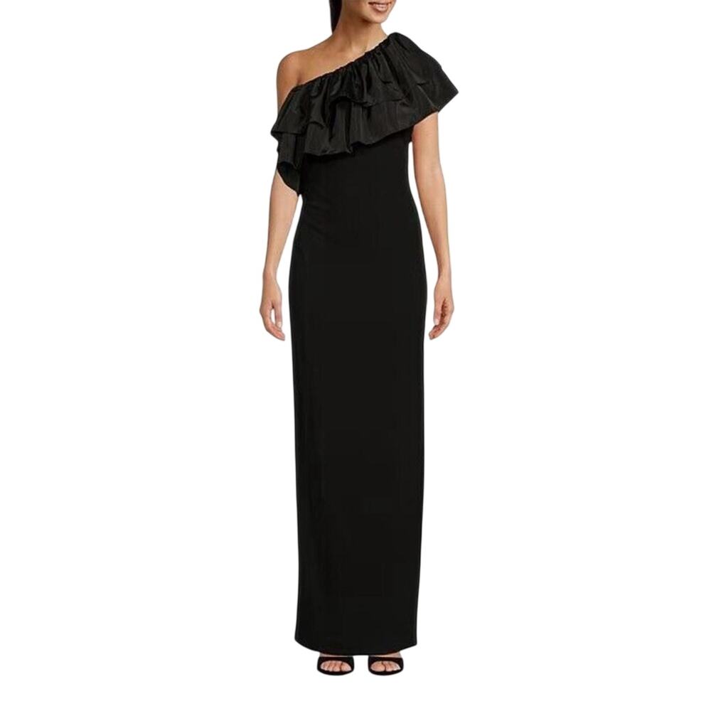 Badgley Mischka Belle Laura Black Ruffle One Shoulder Cocktail Dress Black 0